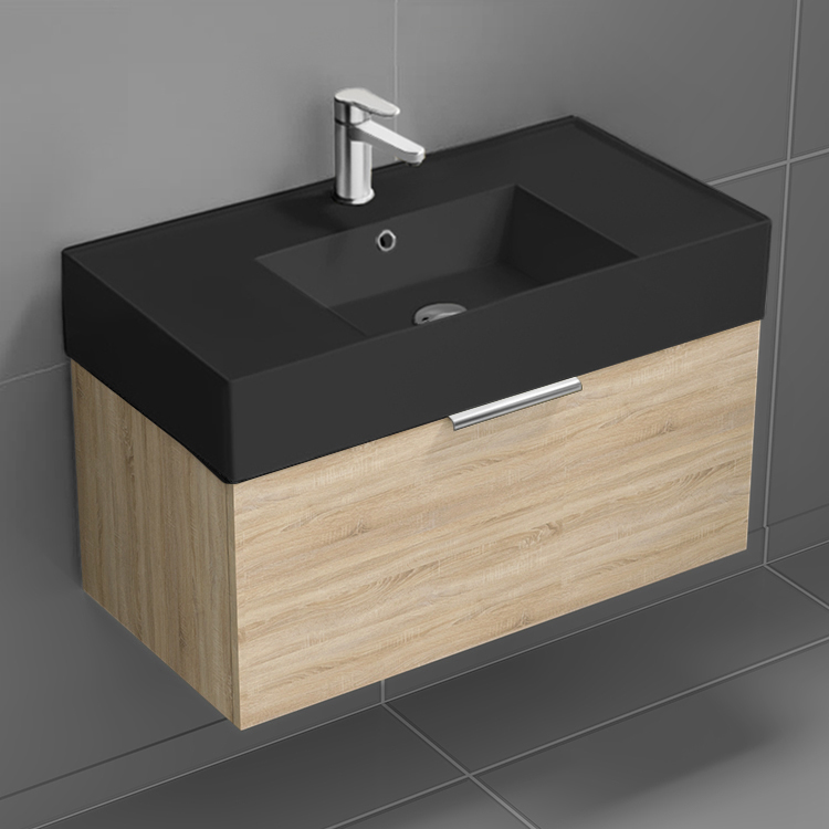 Nameeks DERIN654 Modern Bathroom Vanity With Black Sink, Wall Mounted, Single, 32 Inch, Brown Oak